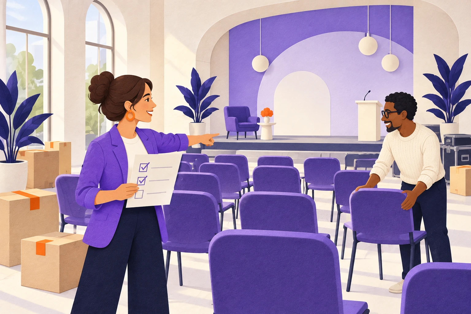 Équipe qui prépare une salle de séminaire avant le jour J